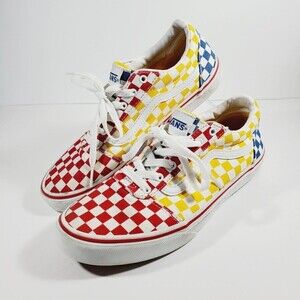 Vans Off The Wall Youth Sz 6 Red Yellow Blue Checkerboard Skate Shoes Old Skool